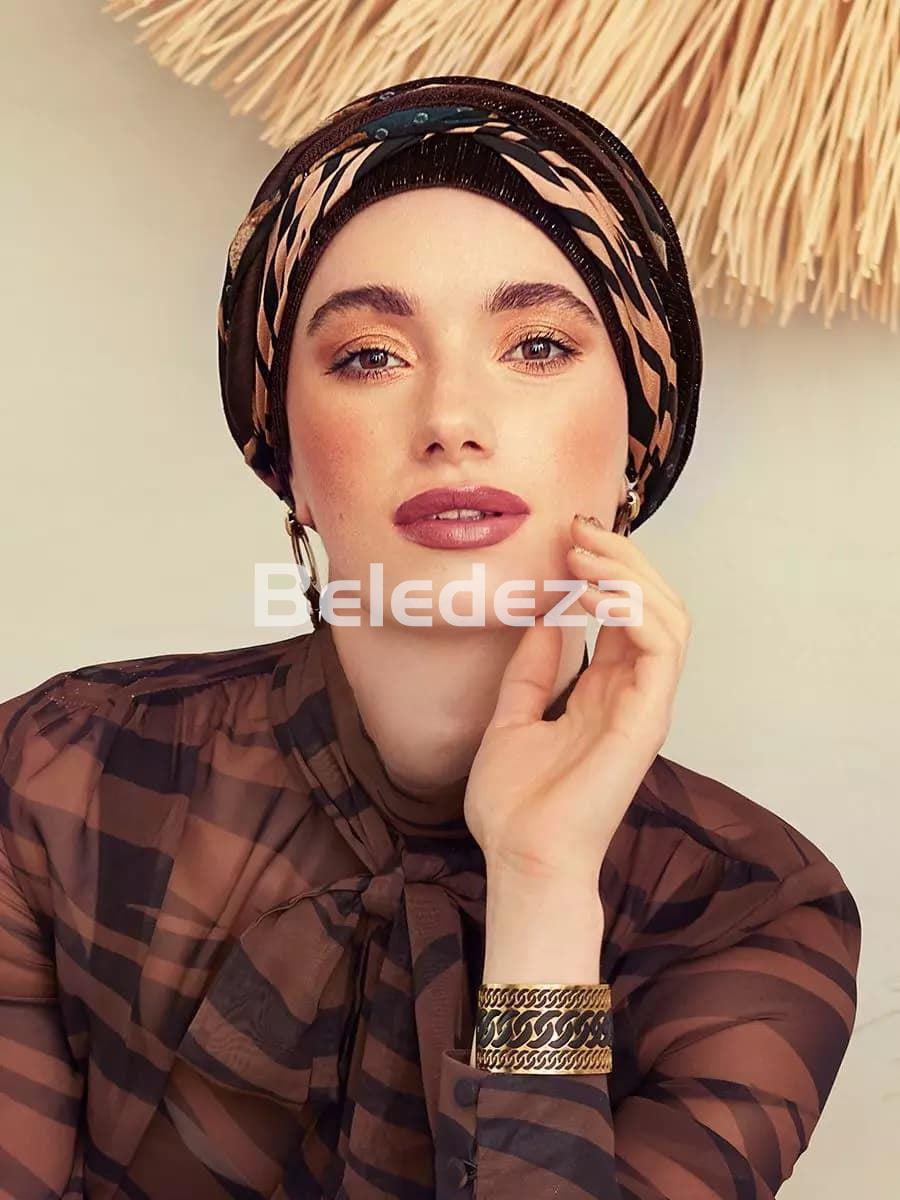 SCARLETT BOHO TURBAN SET VELVET SHINY BROWN & ANIMAL MIX Turbante Scarlett Boho Marrón & Animal Print - Imagen 1